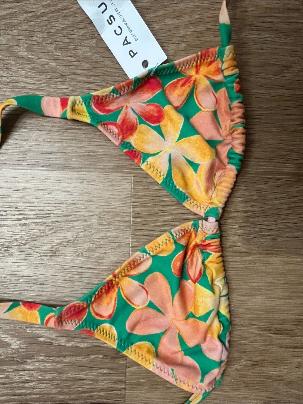 PacSun Green Floral Triangle Bikini Top with Peach & Yellow Blooms